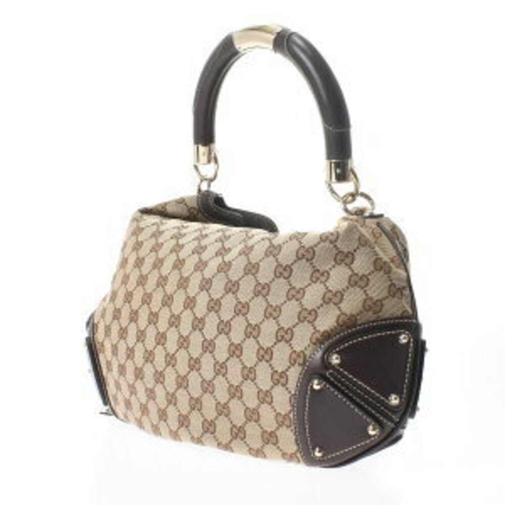Gucci Bamboo Handbag Beige Ebony Brown Leather GG Canvas Bag - Picture 2 of 9